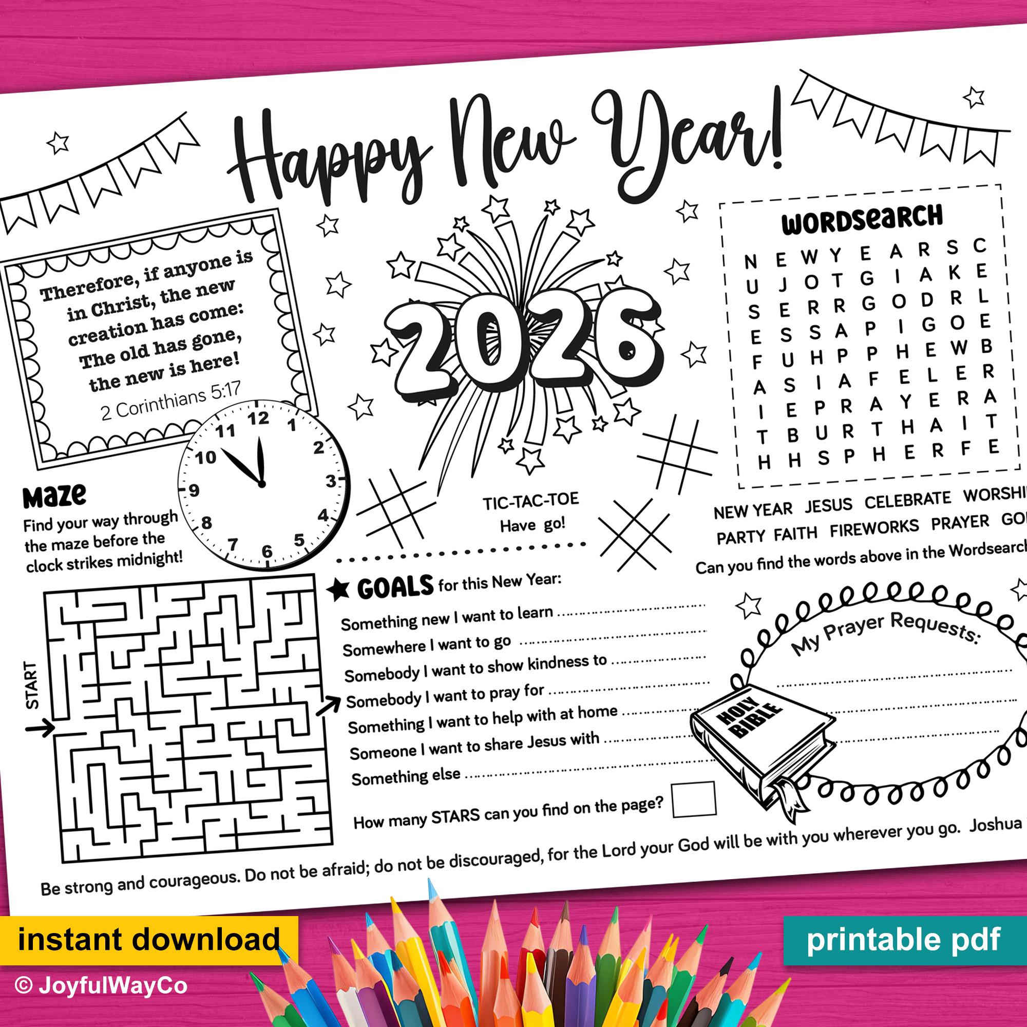 2026 New Year Bible Activity Placemat For Kids. Happy New Year intended for Printable New Years Activities 2026
