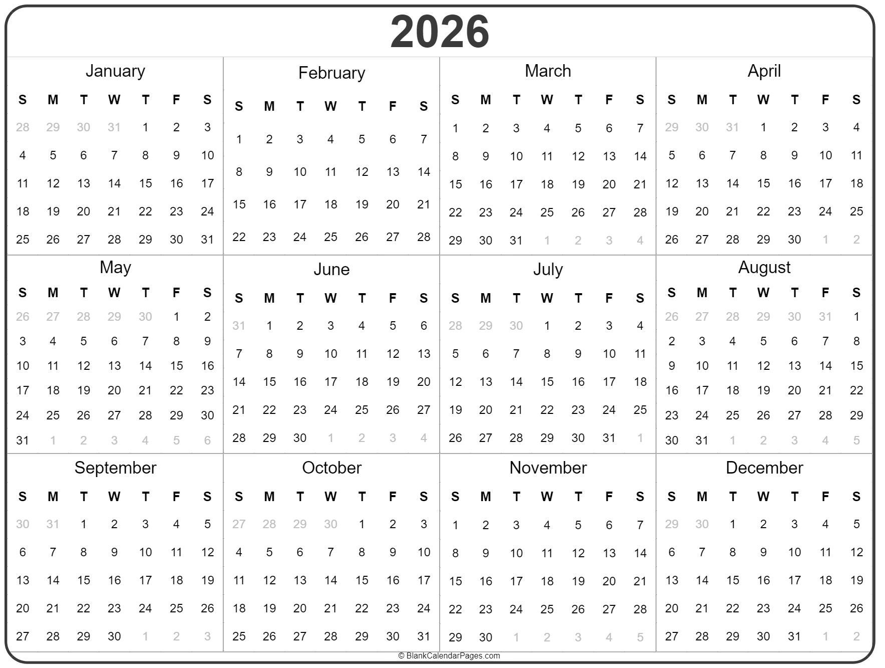2026 Year Calendar | Yearly Printable intended for New Year Calendar 2026 Printable