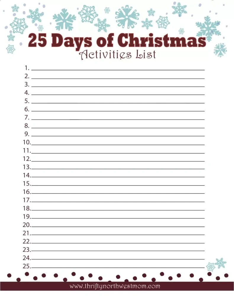25 Days Of Christmas Activities List For Christmas Countdown + inside 25 Days of Christmas Printable