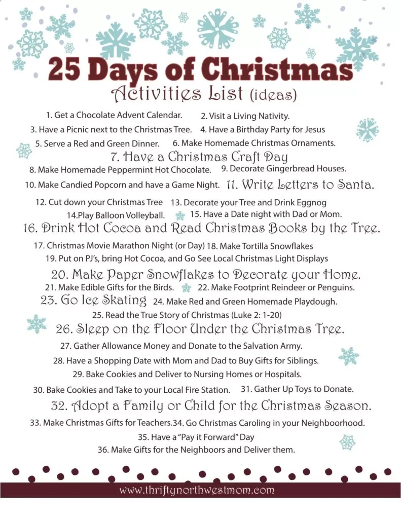 25 Days Of Christmas Activities List For Christmas Countdown + regarding 25 Days of Christmas Schedule Printable