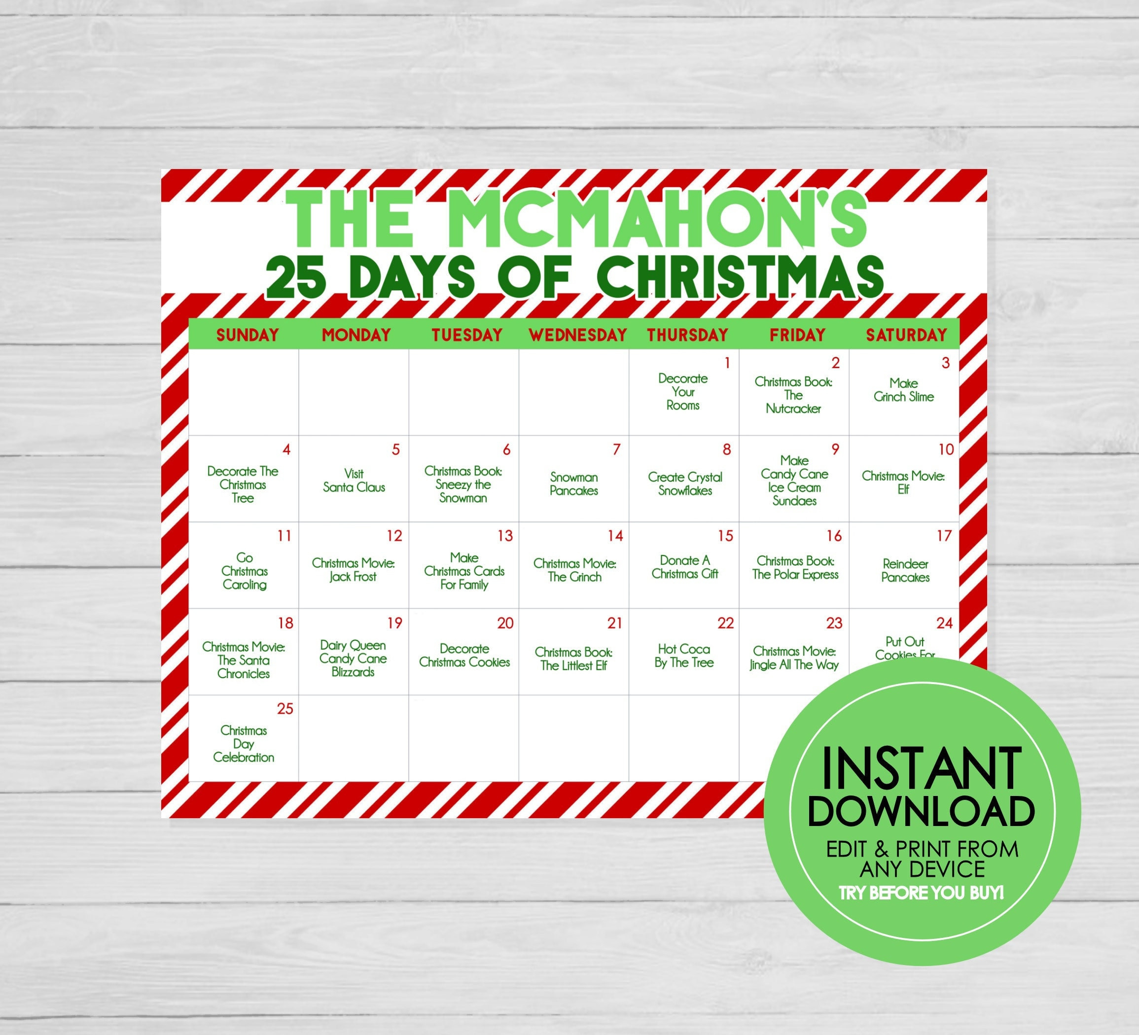 25 Days Of Christmas Activity Calendar - Editable Instant Download intended for 25 Days Of Christmas Printable Schedule
