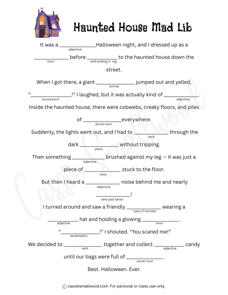 5 Fun Halloween Mad Libs (Free Printable) - Cassie Smallwood within Free Printable Mad Libs Worksheets