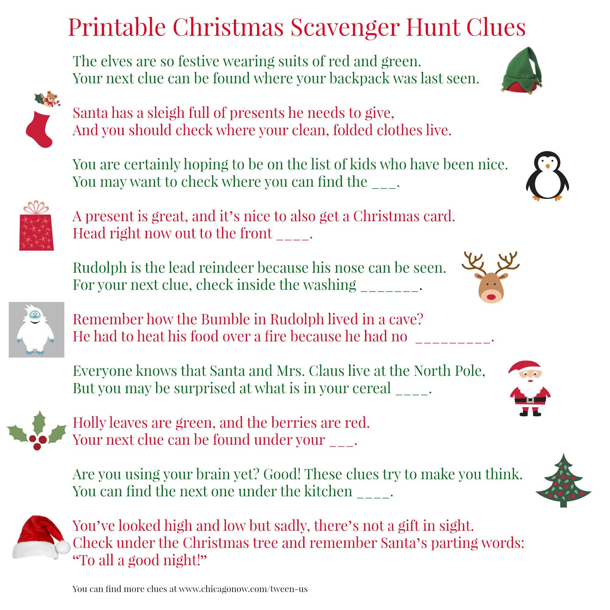 70 Printable Christmas Scavenger Hunt Clues intended for 70 Printable Christmas Scavenger Hunt Clues