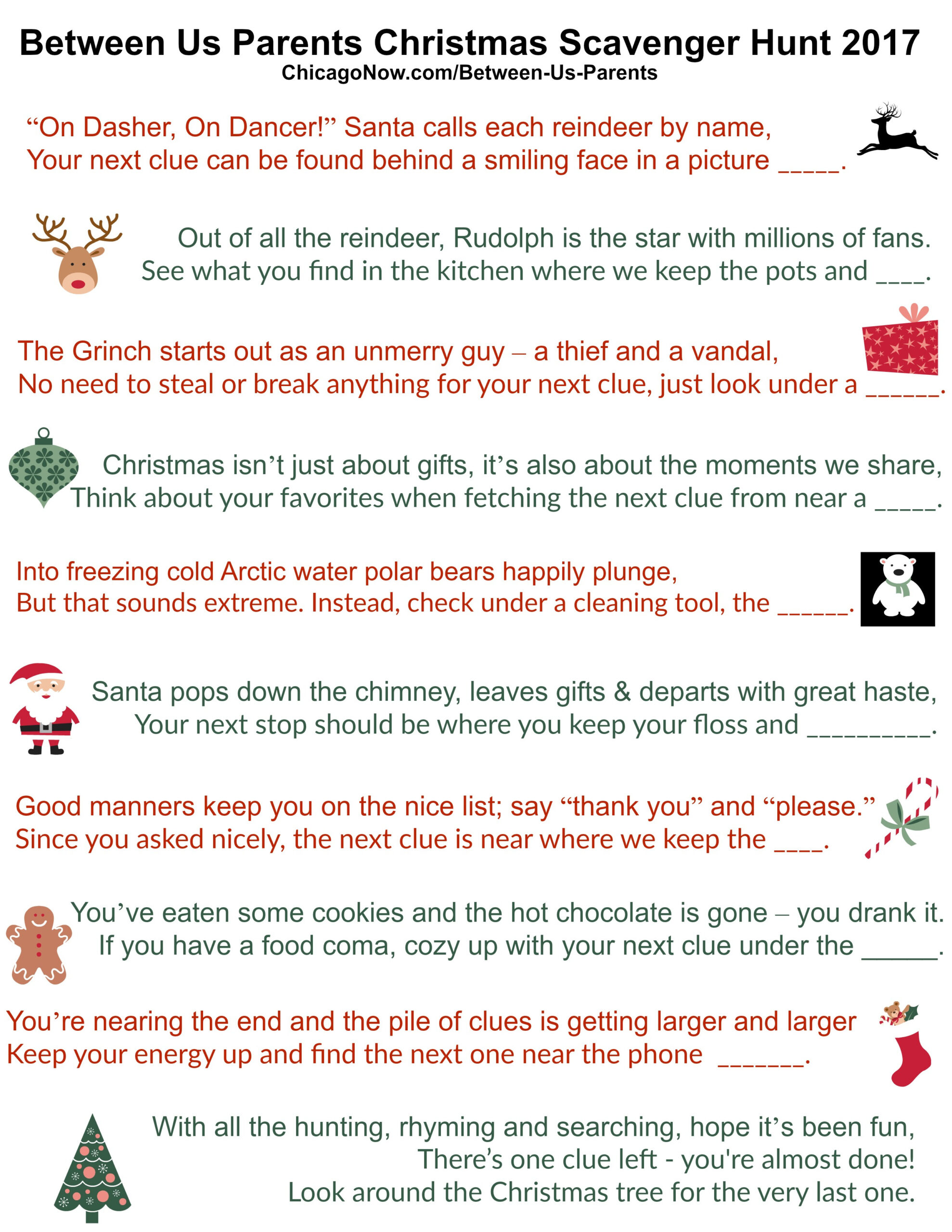 70 Printable Christmas Scavenger Hunt Clues intended for Printable Christmas Scavenger Hunt Riddles