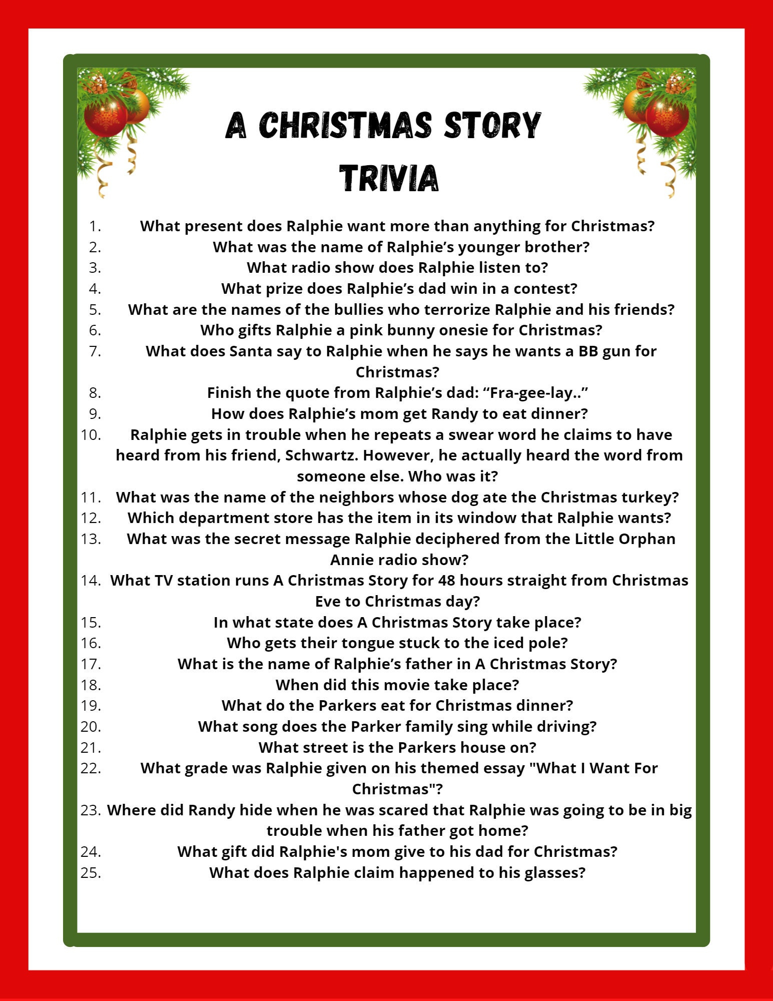 A Christmas Story Trivia Game - Etsy regarding A Christmas Story Trivia Questions and Answers Printable