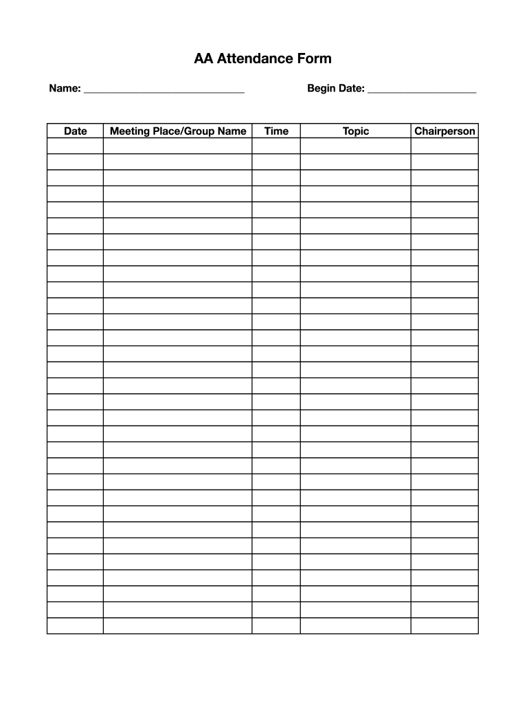 Aa Attendance Form - Fill Online, Printable, Fillable, Blank within Free Printable Aa Sign in Sheets