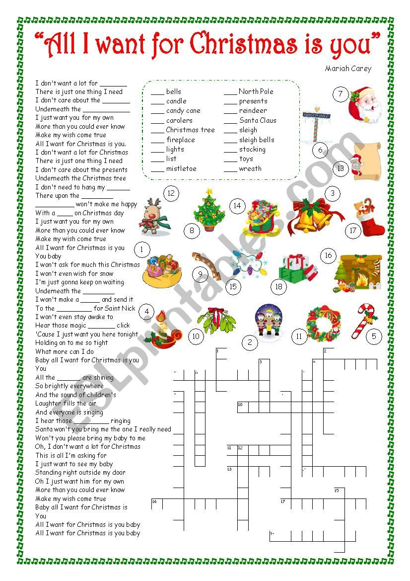 All I Want For Christmas Is You - Song - Esl Worksheetsilvia.patti with regard to Christmas Songs Worksheets Printables
