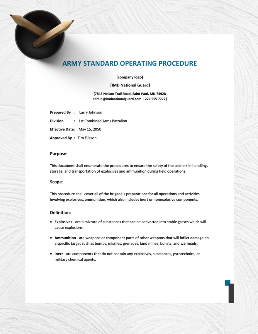 Army Standard Operating Procedure Template In Word, Google Docs intended for Sample Army Sop Template