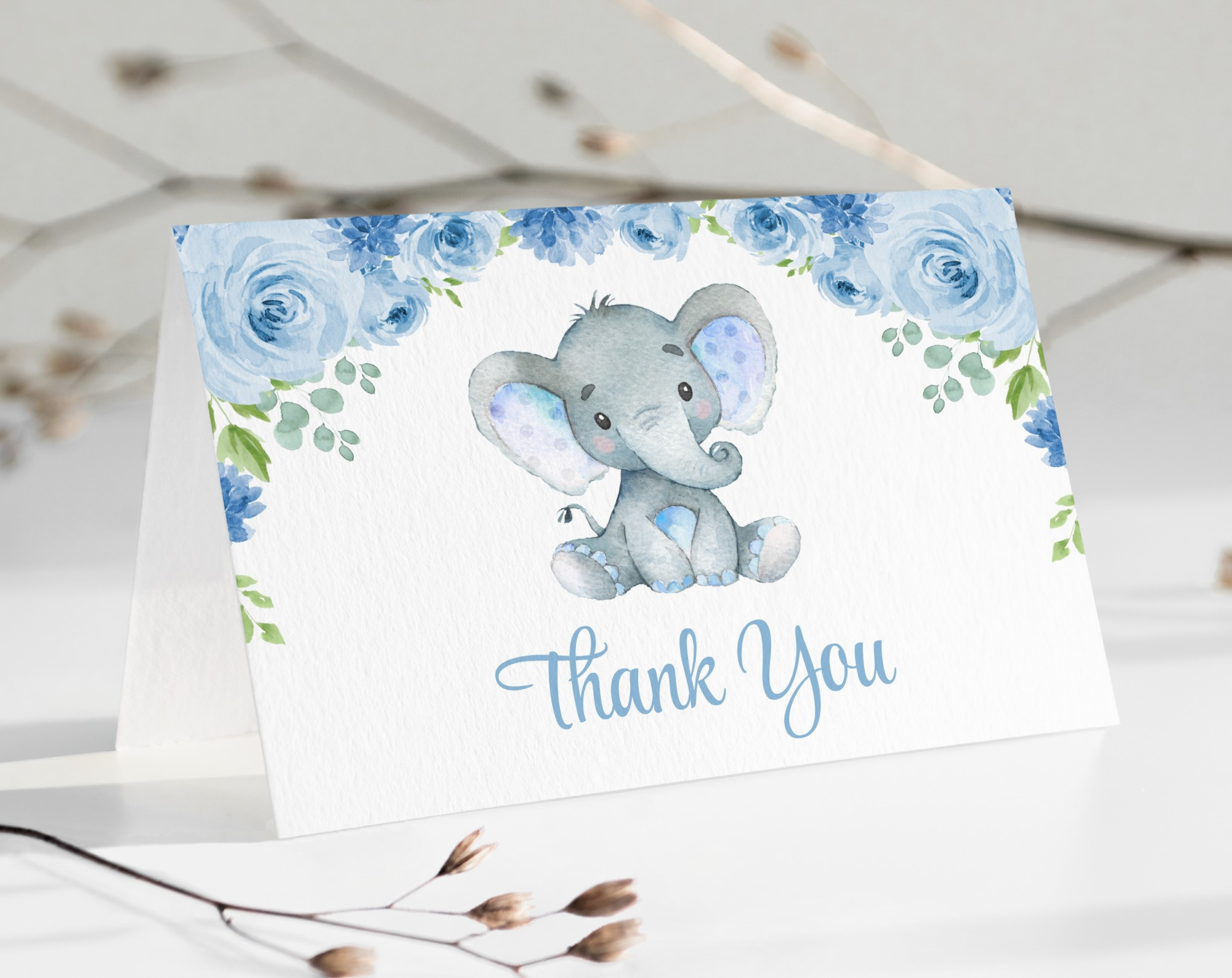 Baby Elephant Thank You Card, Boy Baby Shower, Printable File, Edit Yourself, Sh08 with Baby Boy Shower Thank You Cards Printable