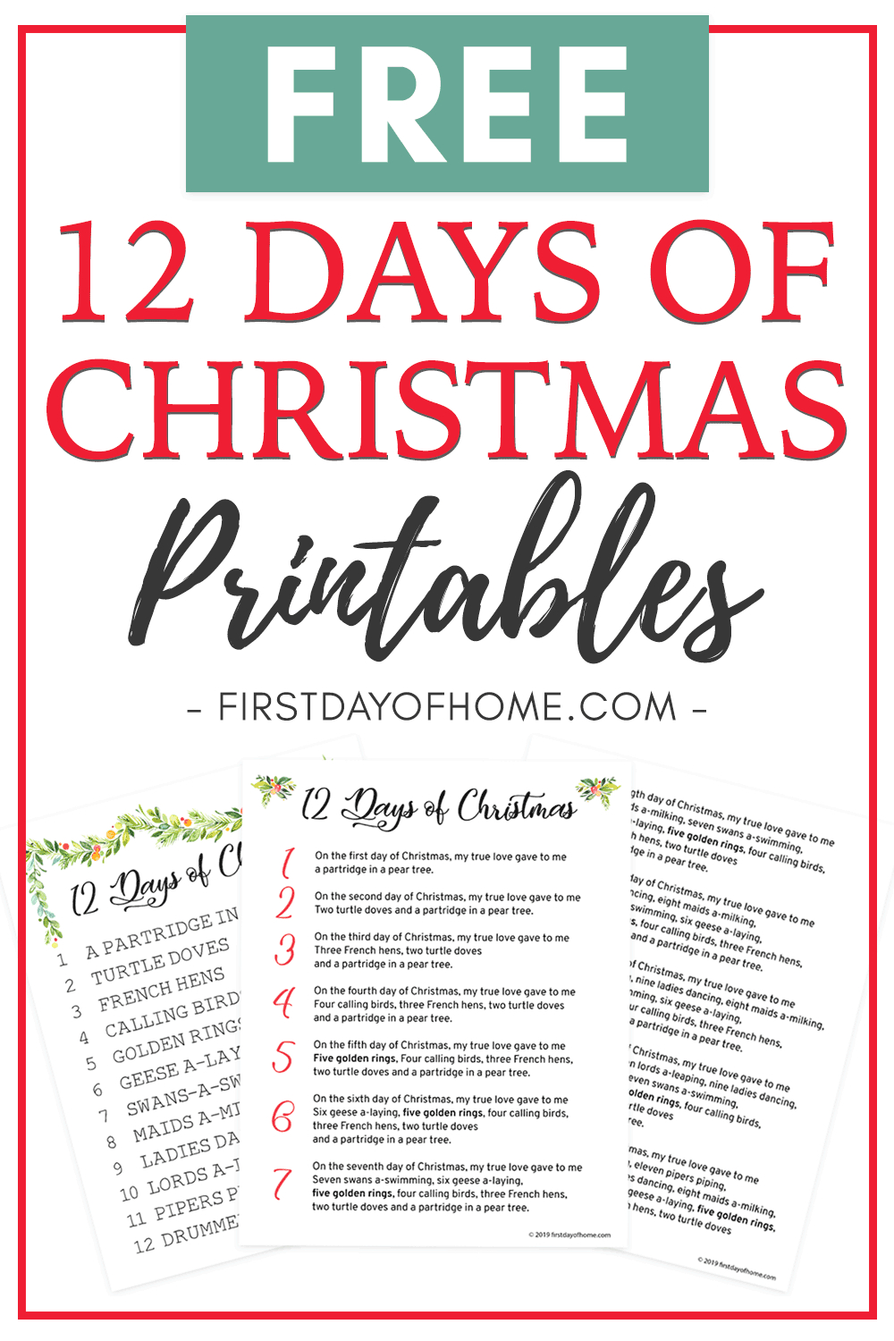 Beautiful 12 Days Of Christmas Lyrics Printable [Free Download] with Christmas Song Lyrics Free Printable