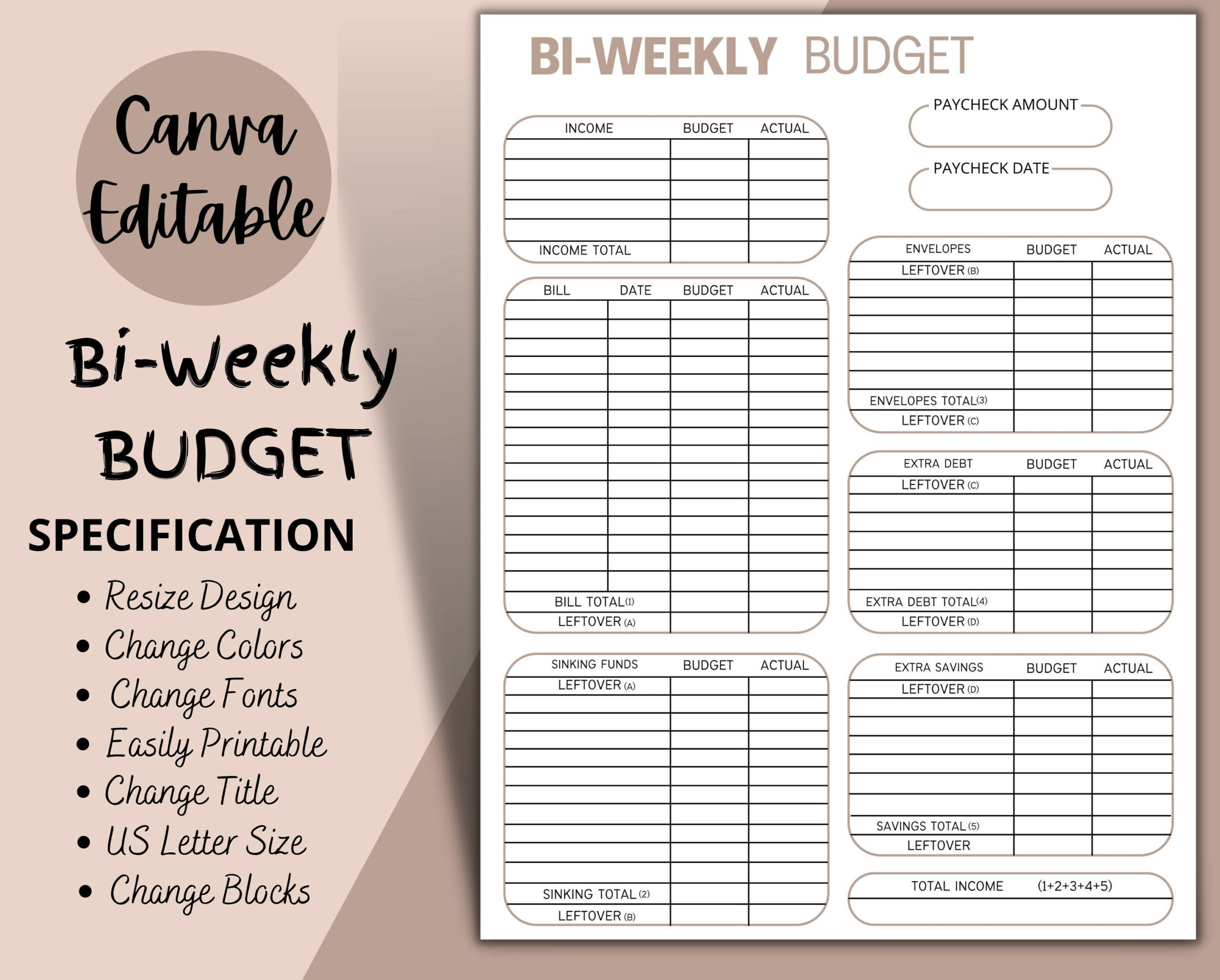 Bi-Weekly Budget Overview Template Printable, Canva Editable with Free Printable Bi Weekly Budget Template