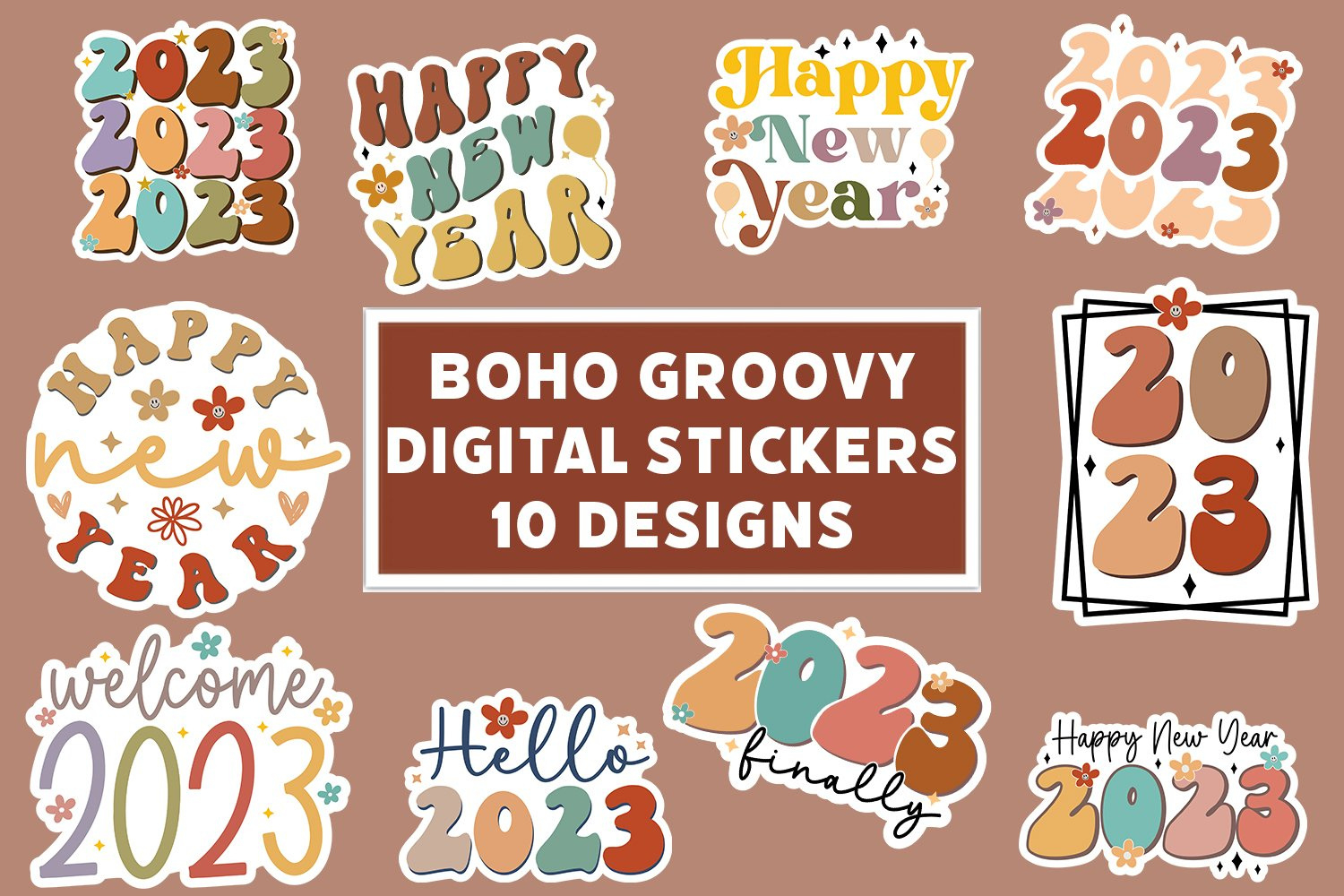 Boho Groovy Happy New Year 2023 Svg Stickers Pack (2262768) with Happy New Year Printable Stickers