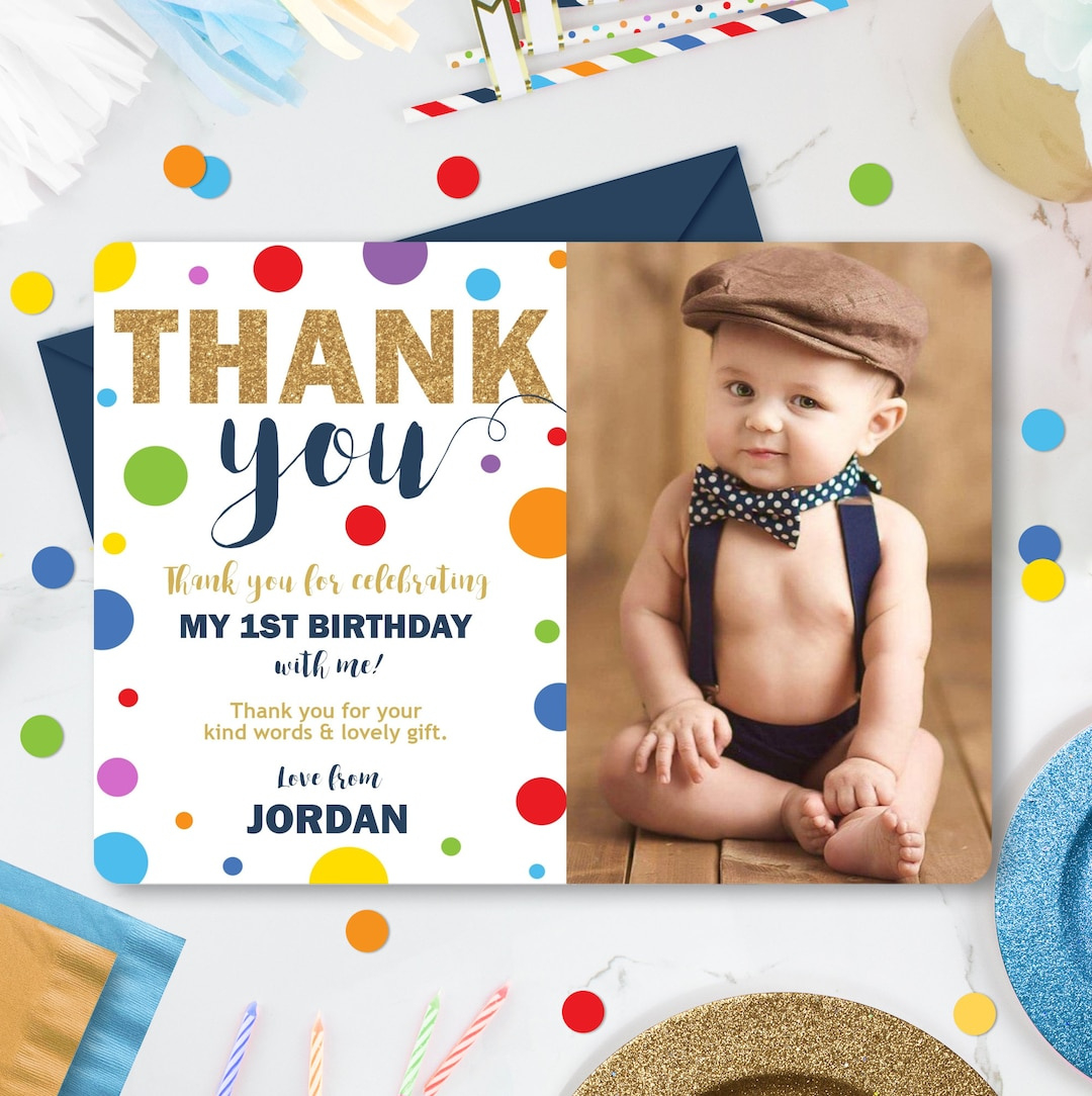 Boy 1St Birthday Photo Thank You Card Template (Digital Download in First Birthday Thank You Cards Printable