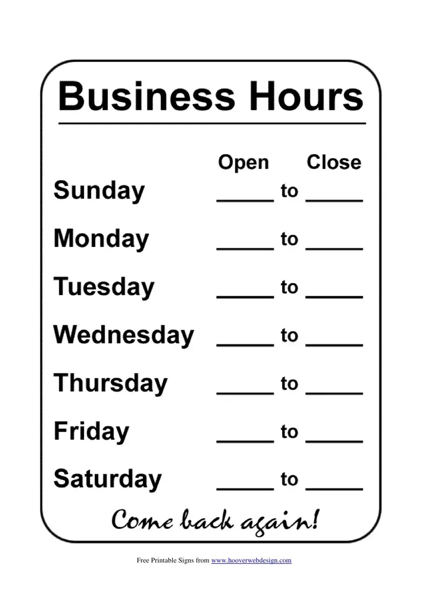 Business Hours Template ≡ Fill Out Printable Pdf Forms inside Free Printable Business Hours Sign Template