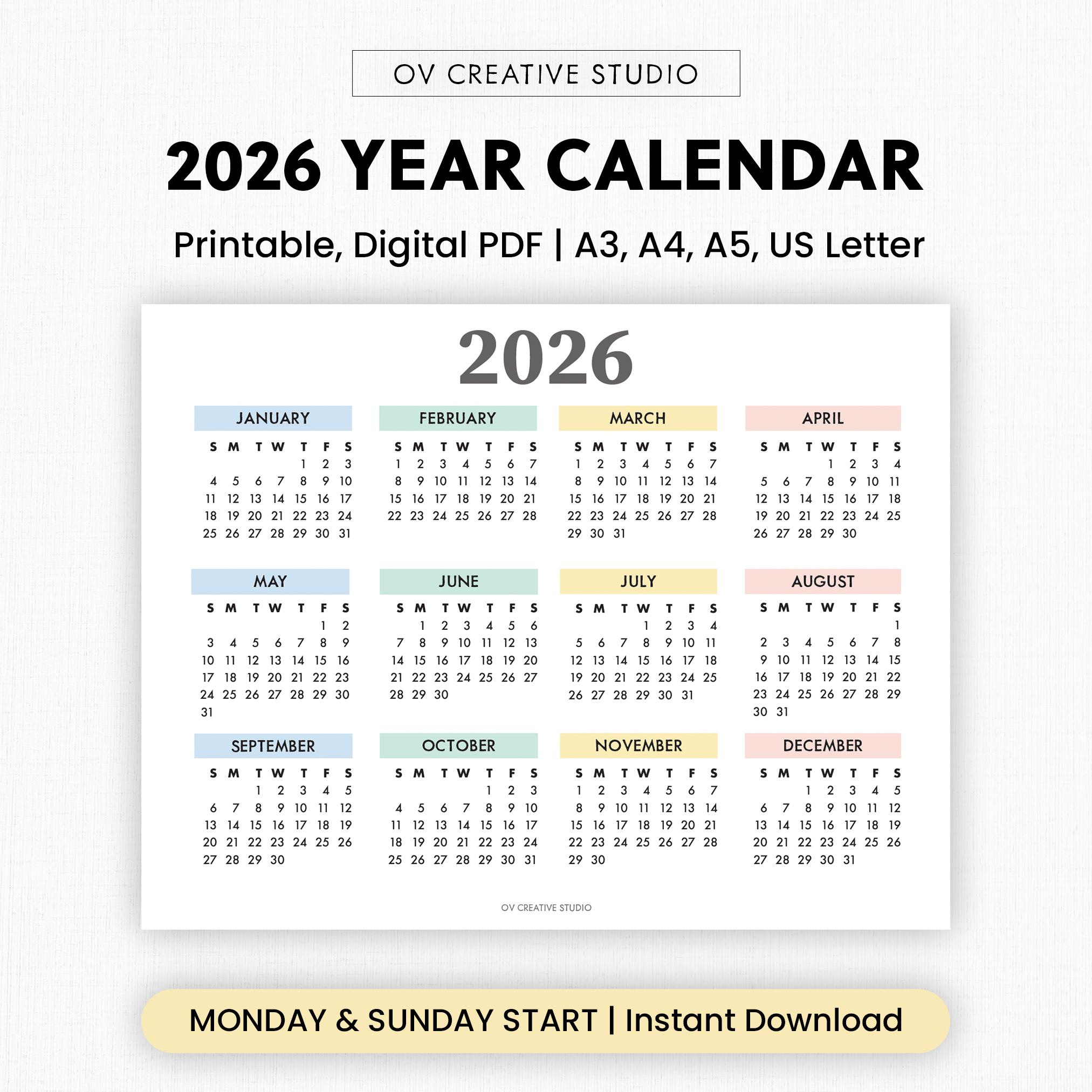 Buy 2026 Year Calendar Printable | Year At A Glance | Digital intended for New Year Quiz 2026 with Answers Printable
