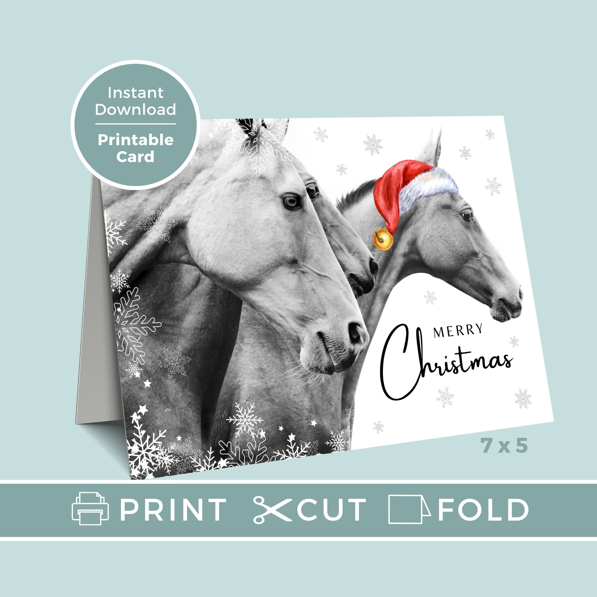 Buy Printable Merry Christmas Card With Horses In Santa Hat for Printable Horse Christmas Card