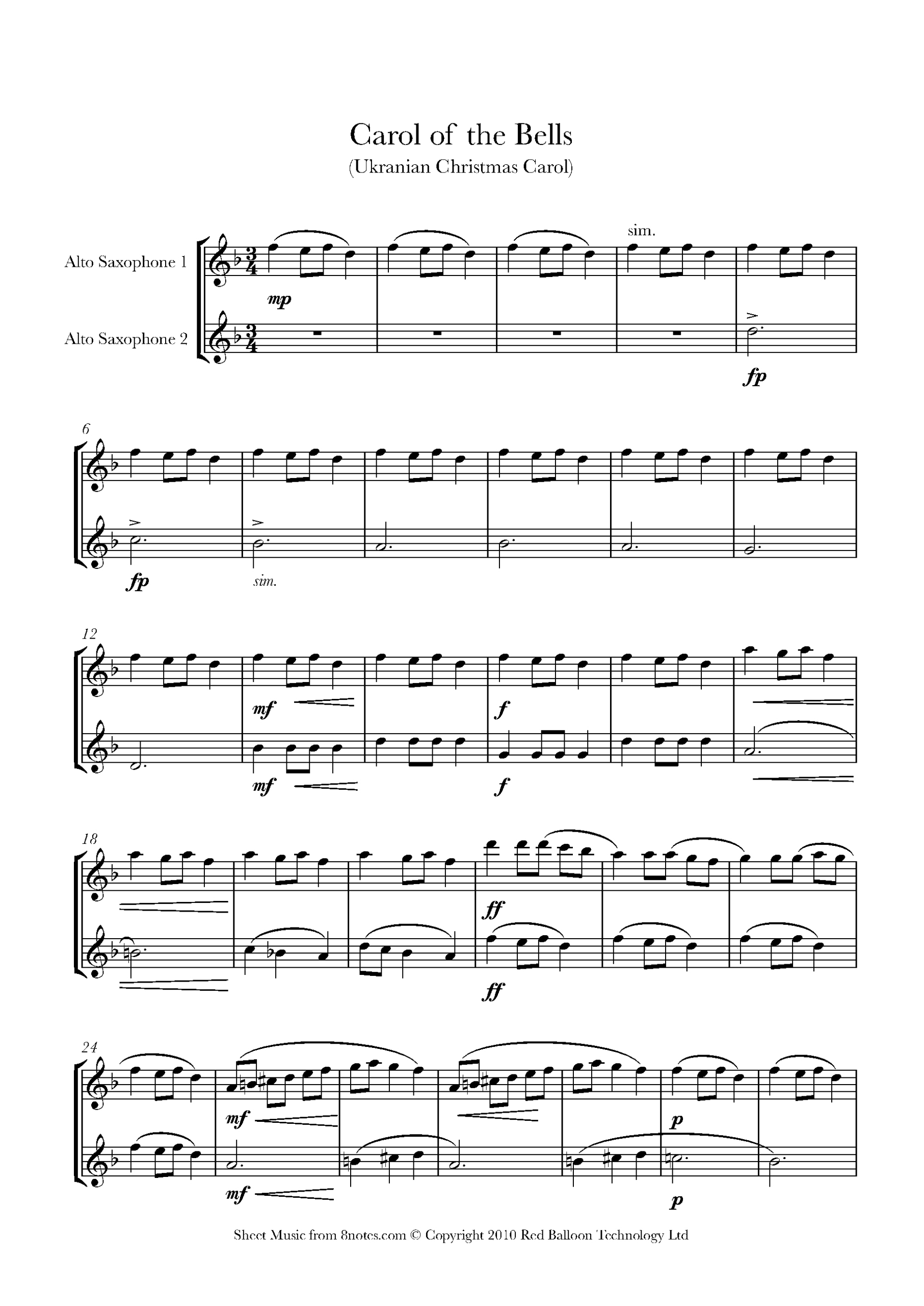 Carol Of The Bells For Alto Saxophone Duet - Free Sheet Music For in Alto Saxophone Christmas Sheet Music Free Printable