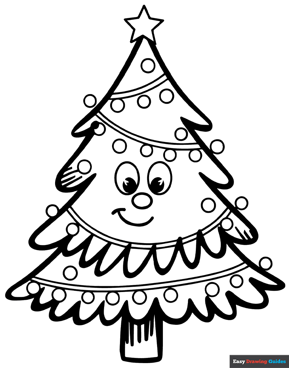 Cartoon Christmas Tree With A Face Coloring Page | Easy Drawing Guides in Christmas Tree Face Printable
