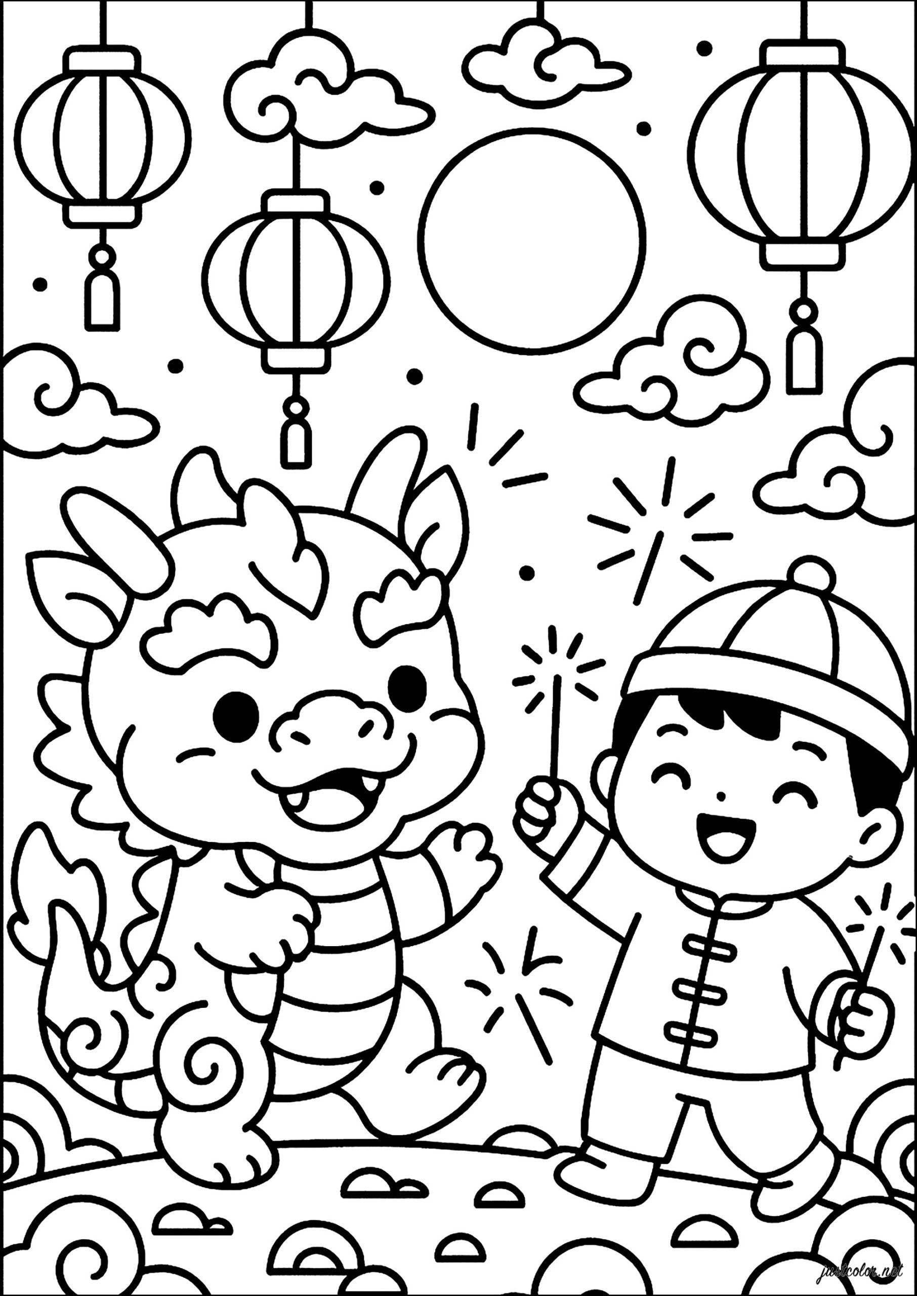Celebrations With A Dragon And A Child In Traditional Costume regarding Chinese New Year Dragon Coloring Page Printable