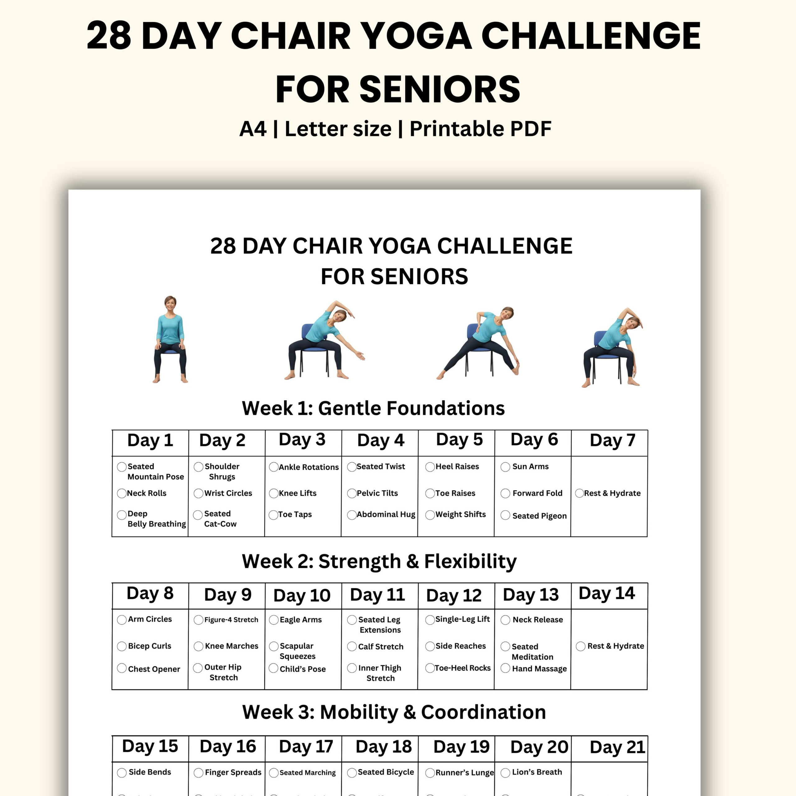 Chair Yoga Challenge: 28-Day Printable Guide For Seniors - Etsy within 28 Day Chair Yoga For Seniors Chart Printable