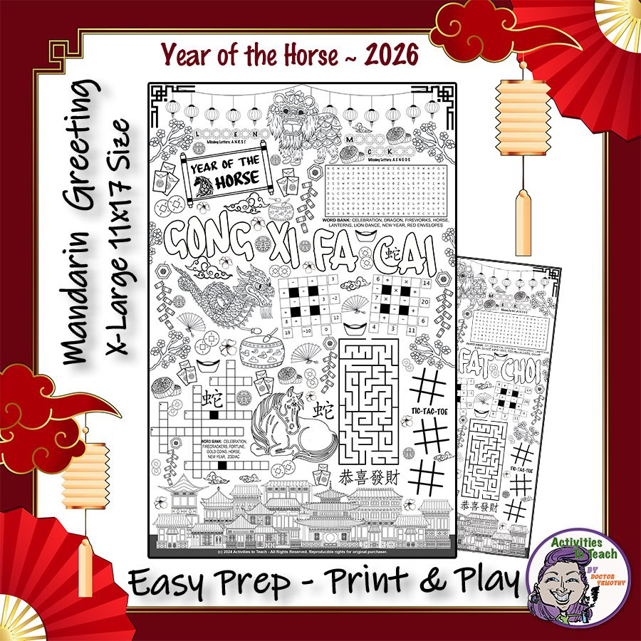 Chinese New Year 2026 - Horse Mixed Puzzle Mazes Coloring Crossword  Wordsearch Activity Page 11 X 17 Placemat Style throughout Free Printable Chinese New Year 2026