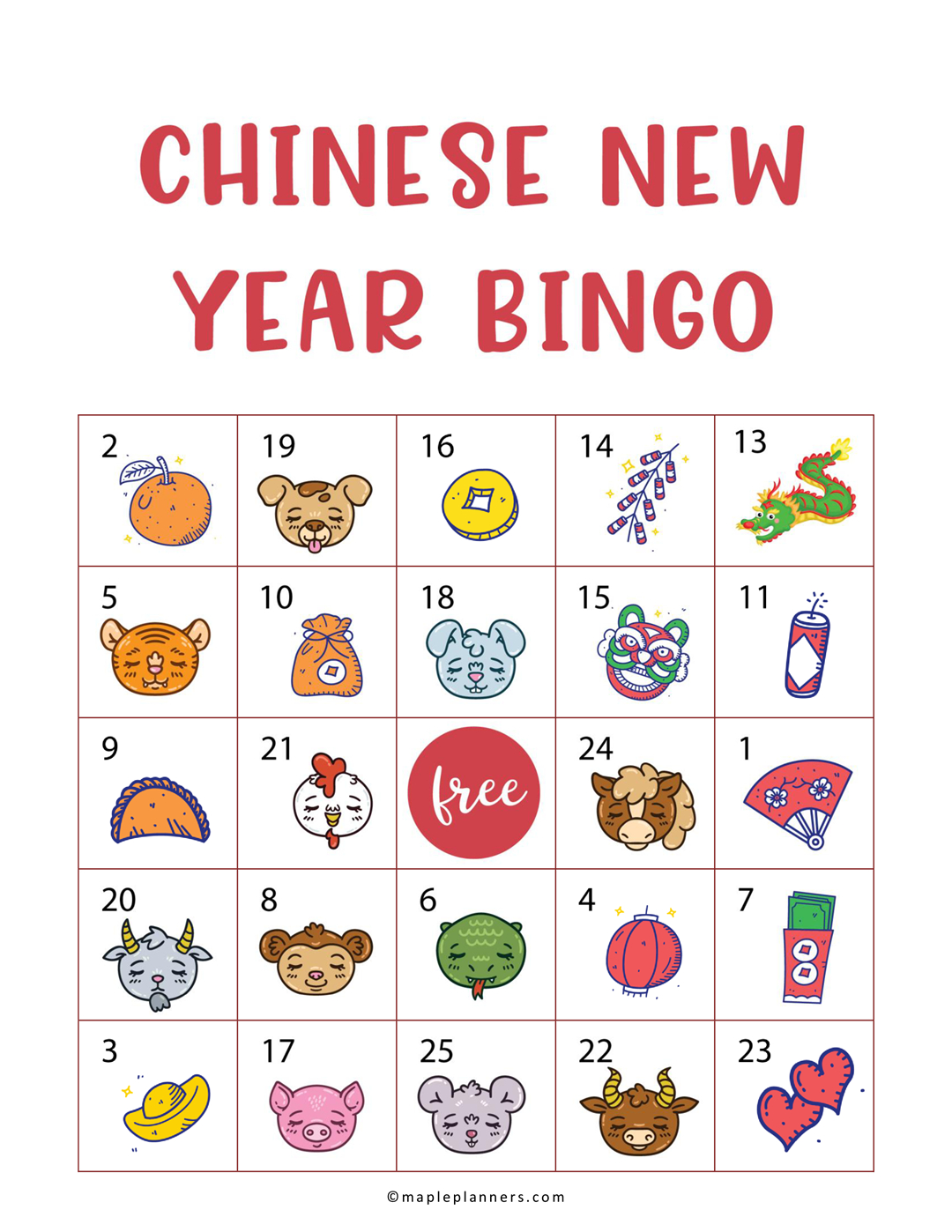 Chinese New Year Bingo Free Printable pertaining to Chinese New Year Bingo Printable