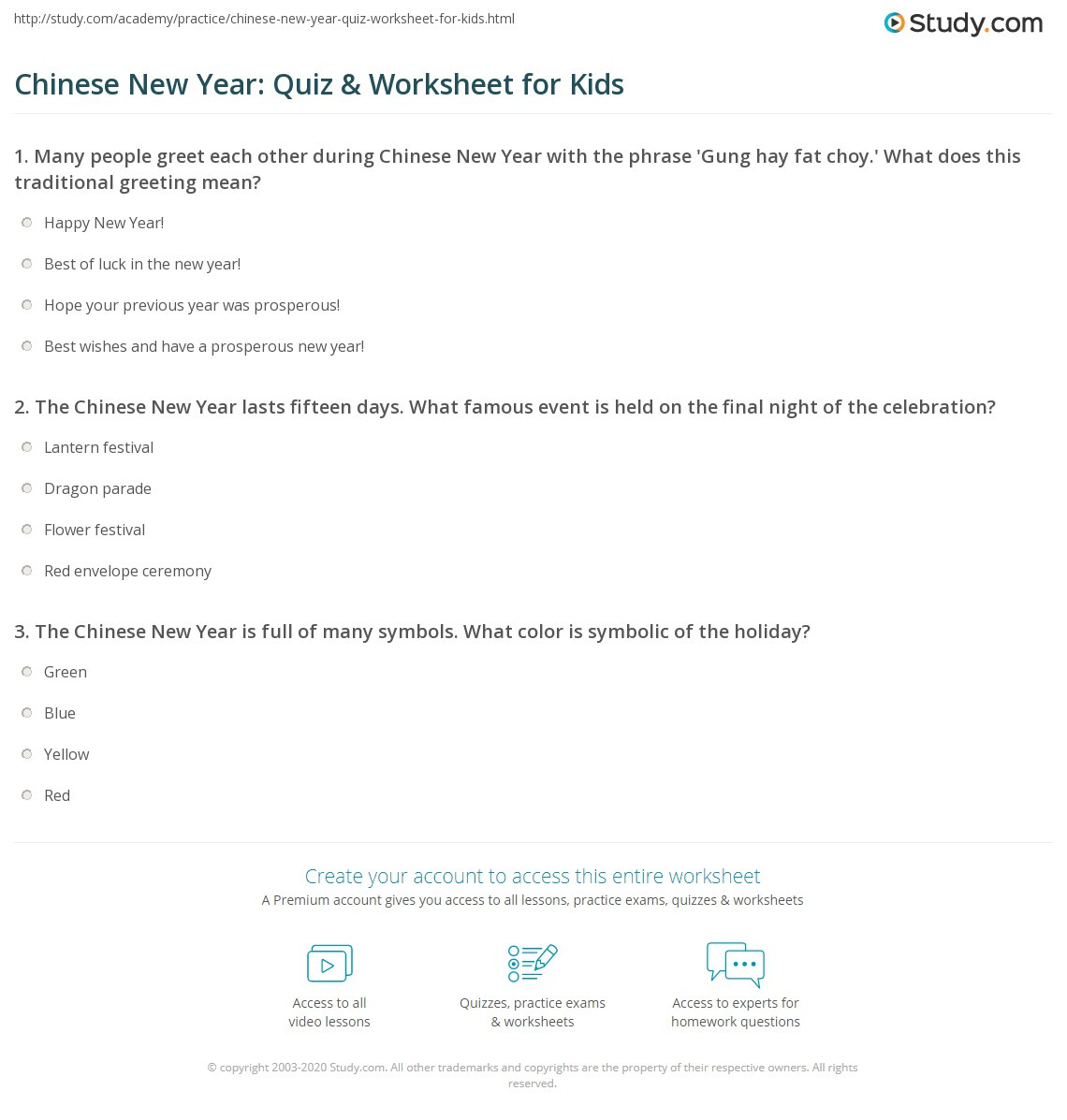 Chinese New Year: Quiz &amp;amp; Worksheet For Kids | Study for Chinese New Year Quiz Printable