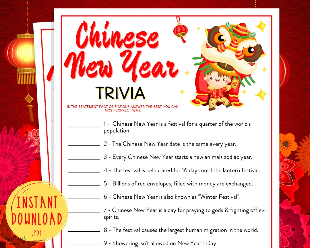 Chinese New Year Trivia Game | Lunar New Year Printable | Party inside Chinese New Year Trivia Printable