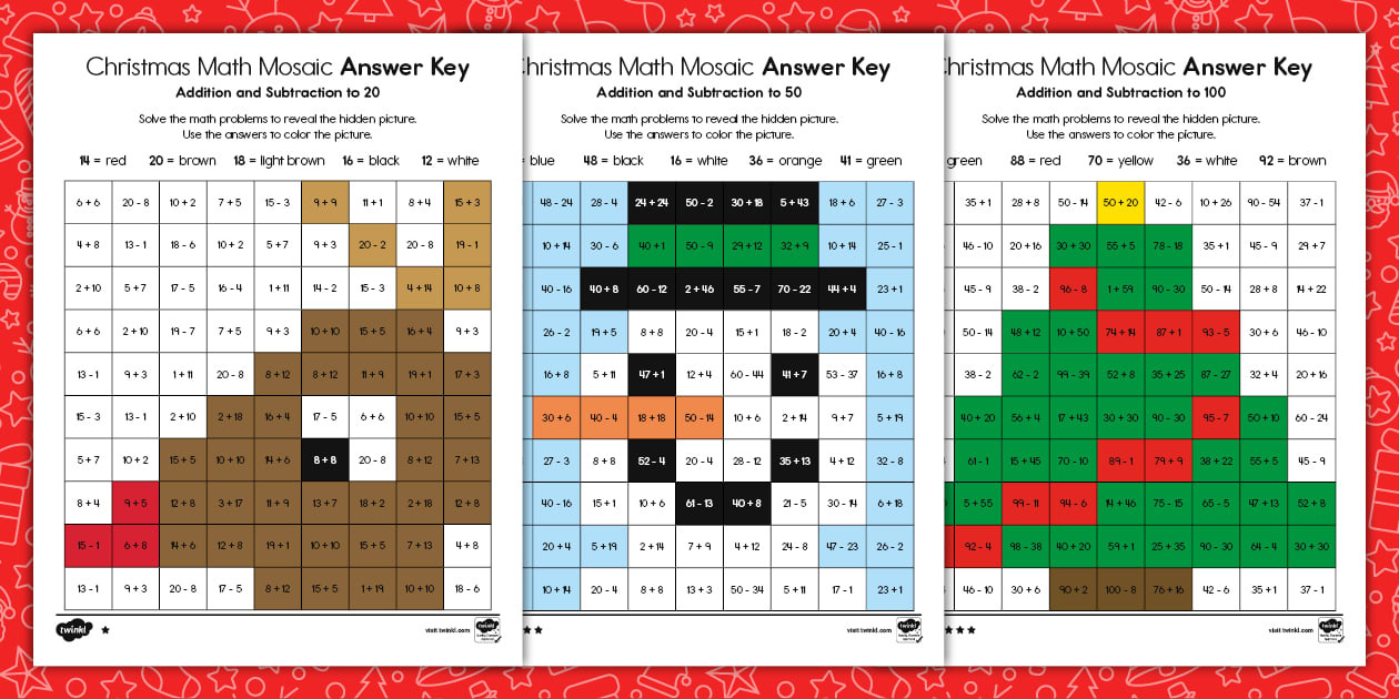 Christmas Addition And Subtraction Math Mosaic Activities with Christmas Mystery Picture Math Worksheets