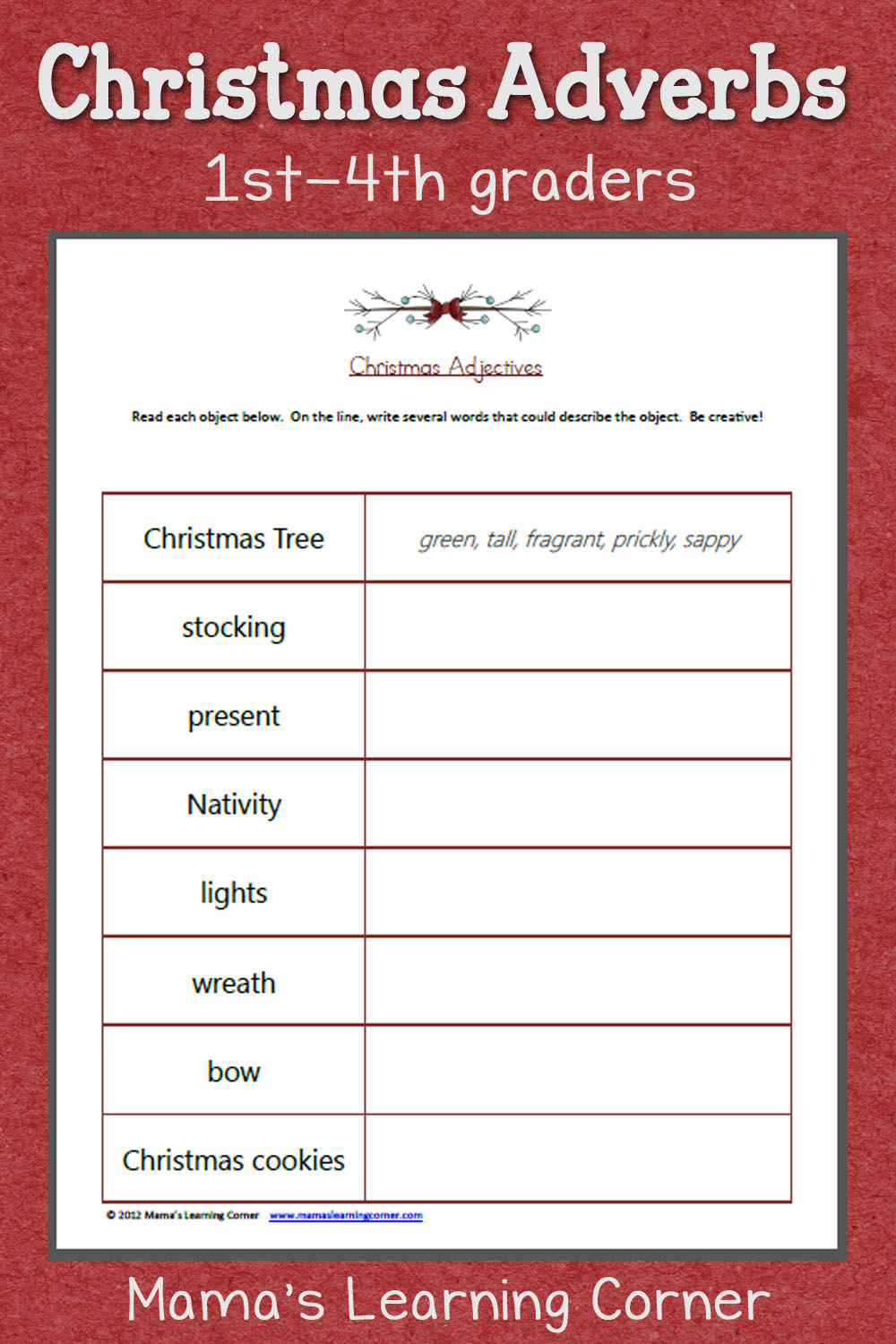 Christmas Adjectives Worksheet - Mamas Learning Corner with Christmas Grammar Worksheets Free