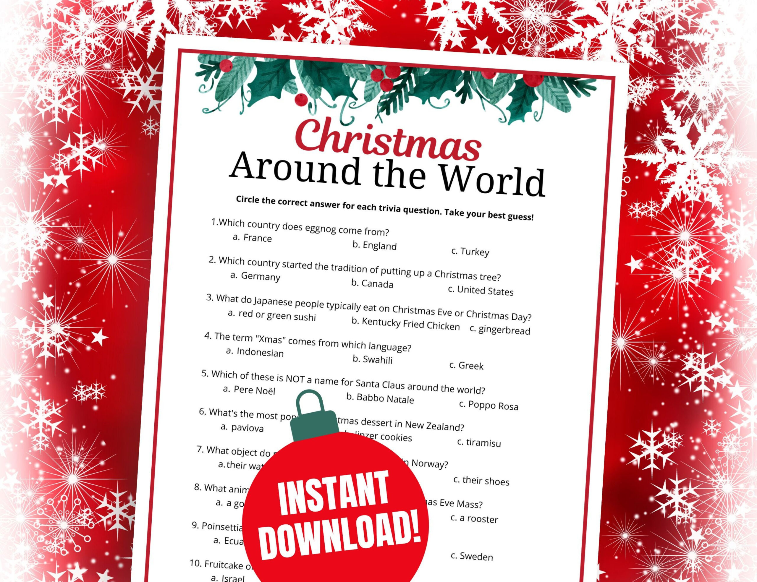 Christmas Around The World Trivia Game: Family Holiday Quiz in Christmas Around the World Trivia Printable