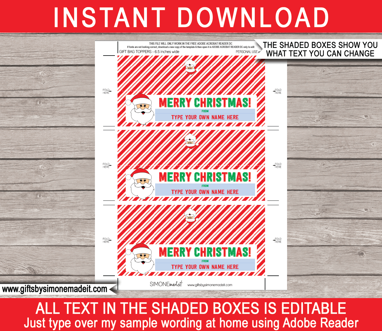 Christmas Bag Toppers (Santa) - 6.5 Inch Wide - Red & Green pertaining to Santa Treat Bag Template Printable