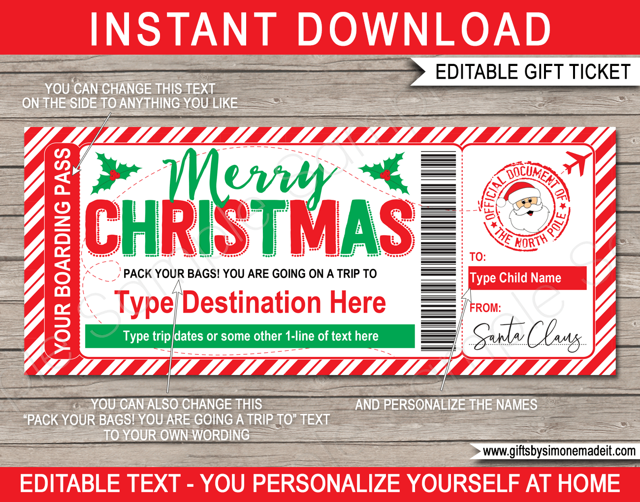 Christmas Boarding Pass From Santa Template - Red & Green for Christmas Airline Ticket Template