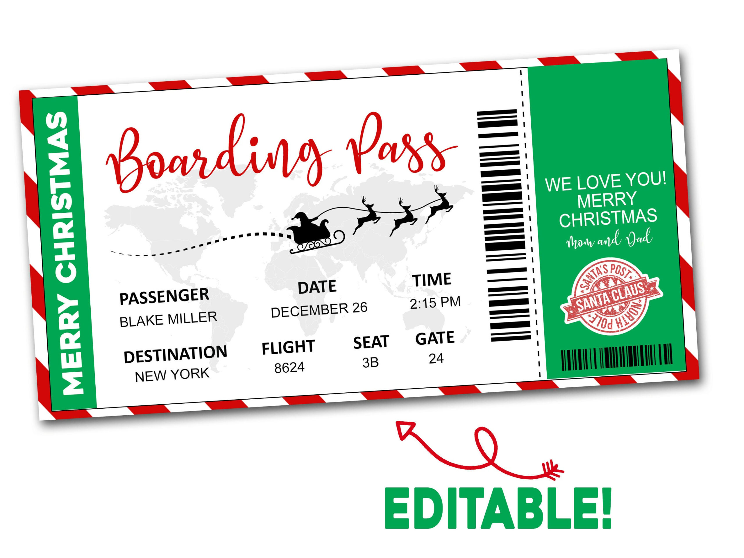 Christmas Boarding Pass Ticket Template, Surprise Airline Gift inside Christmas Airline Ticket Template