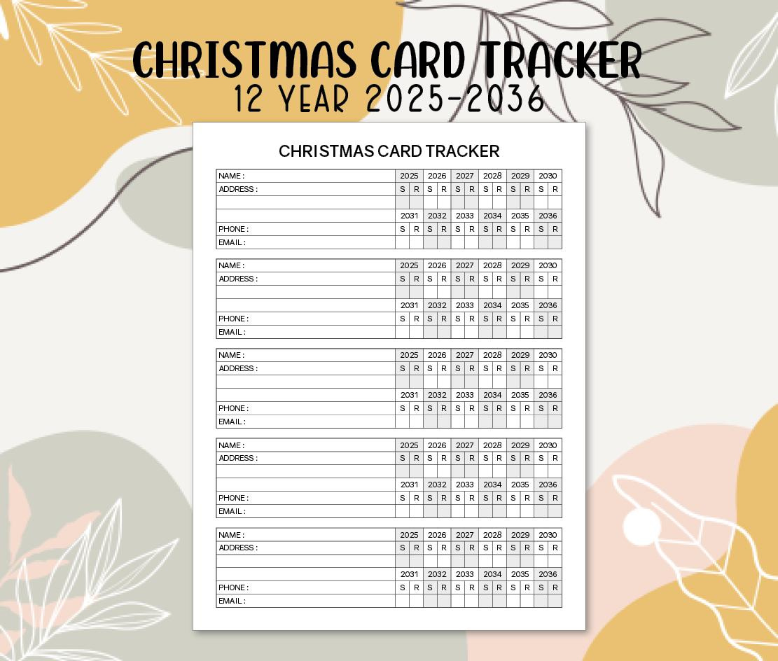 Christmas Card Tracker 2025-2036 Printable 12 Year Template Pdf for Printable Christmas Card List 2025