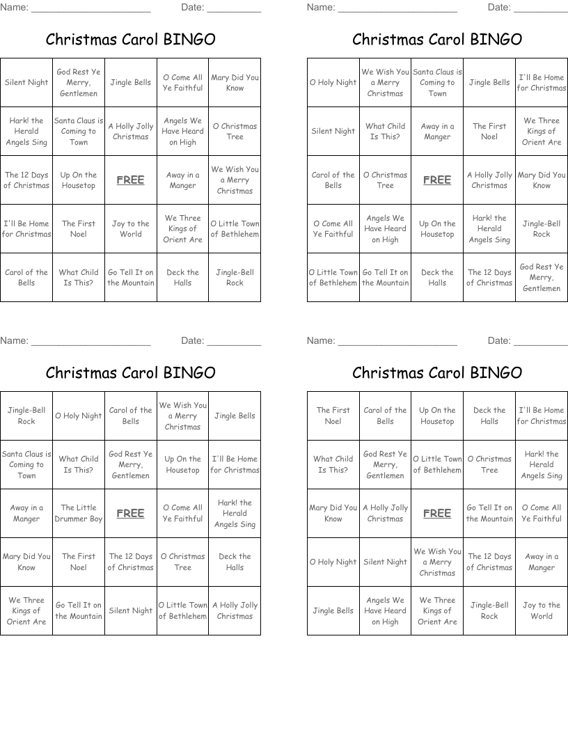 Christmas Carol Bingo - Wordmint for Christmas Carol Bingo Printable