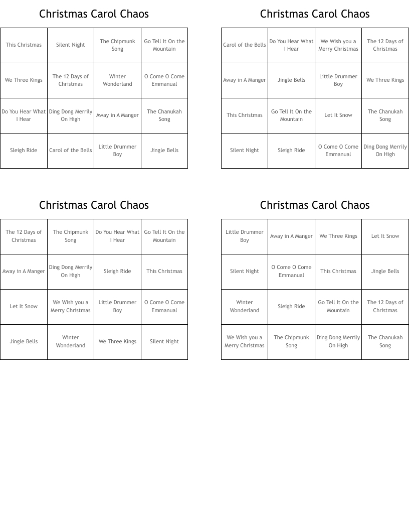 Christmas Carol Chaos Bingo Cards - Wordmint intended for Christmas Carol Chaos Printable