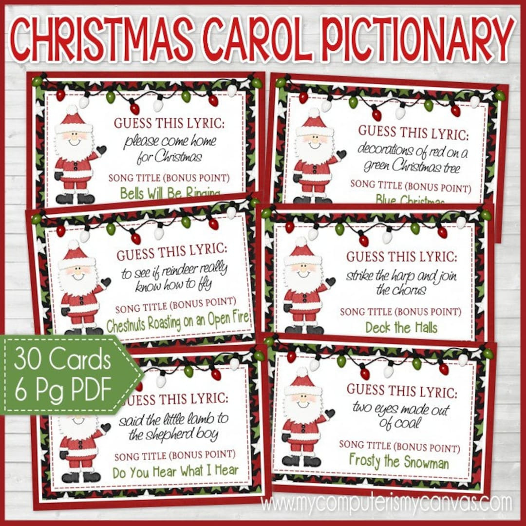 Christmas Carol Pictionary, Christmas Games, Family Game Night within Christmas Carol Pictionary Printable