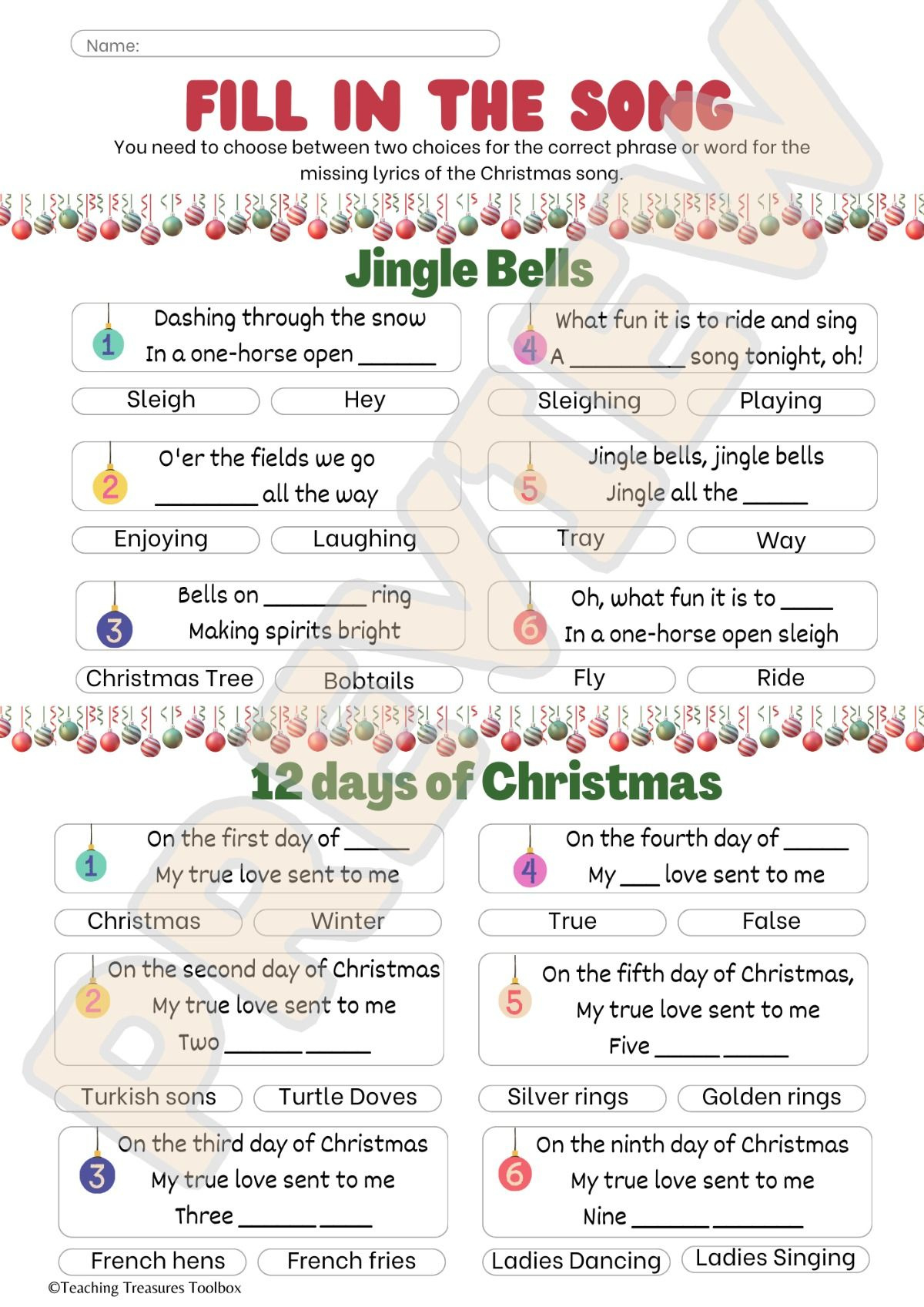 Christmas Carols| Fill In Lyrics (Jingle Bells And 12 Days Of pertaining to Fill in the Blanks Christmas Songs Printable