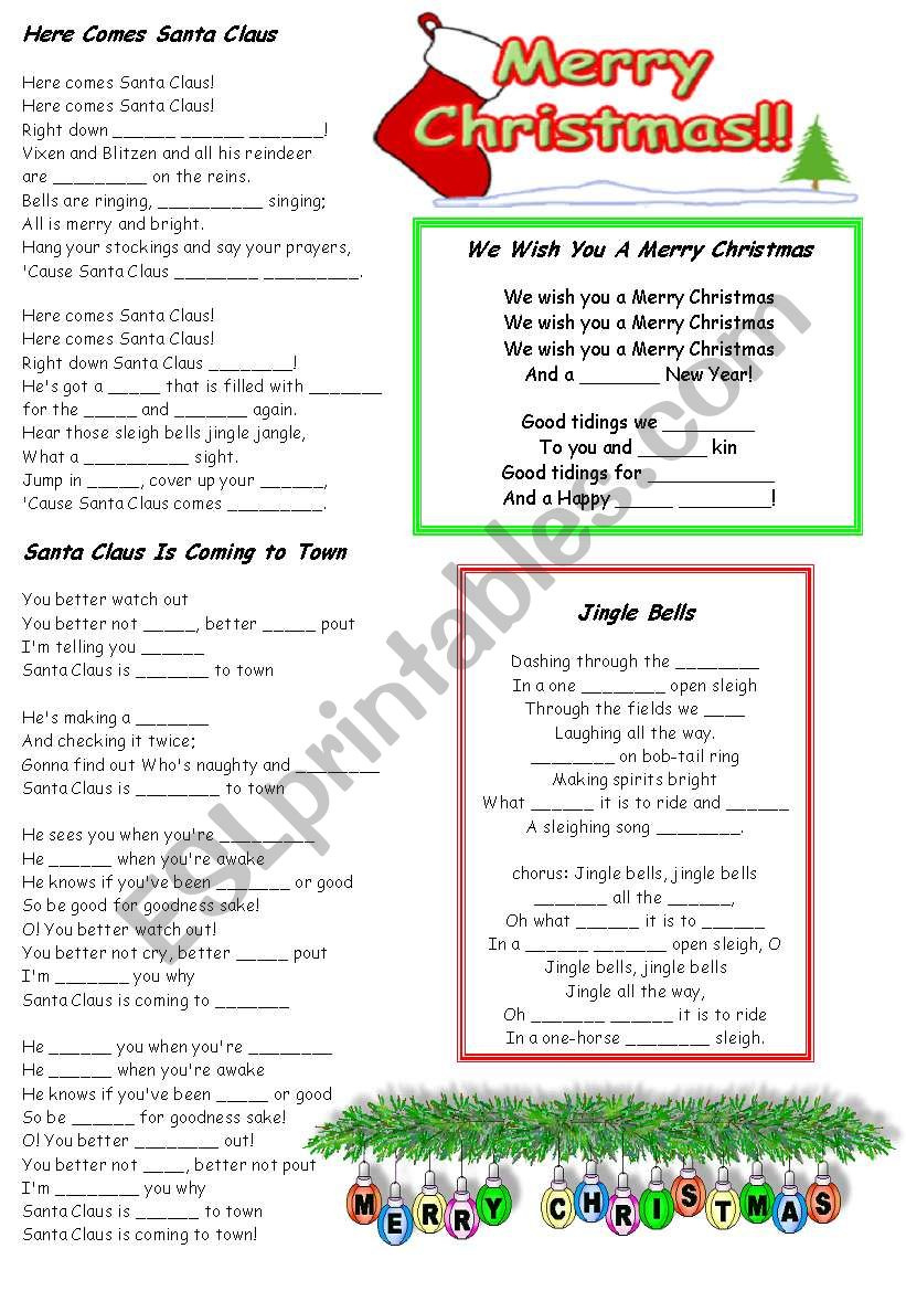 Christmas Carols Fill In The Blanks - Esl Worksheetydroj inside Fill in the Blanks Christmas Songs Printable