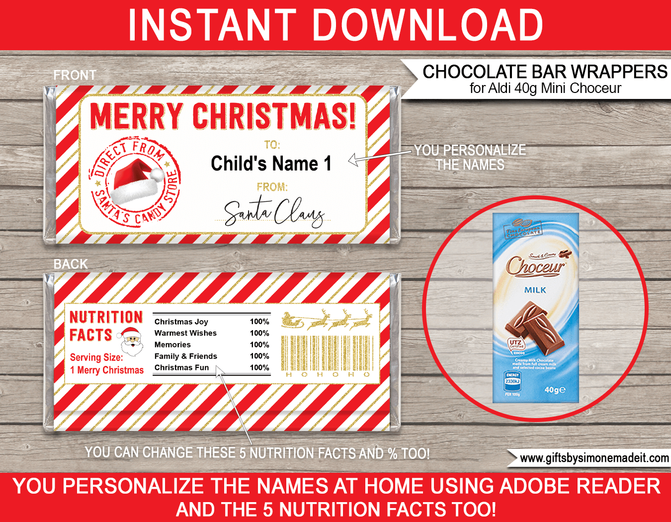 Christmas Chocolate Bar Wrappers From Santa (Mini Choceur) - Red & Gold pertaining to Christmas Candy Bar Wrapper Template Free