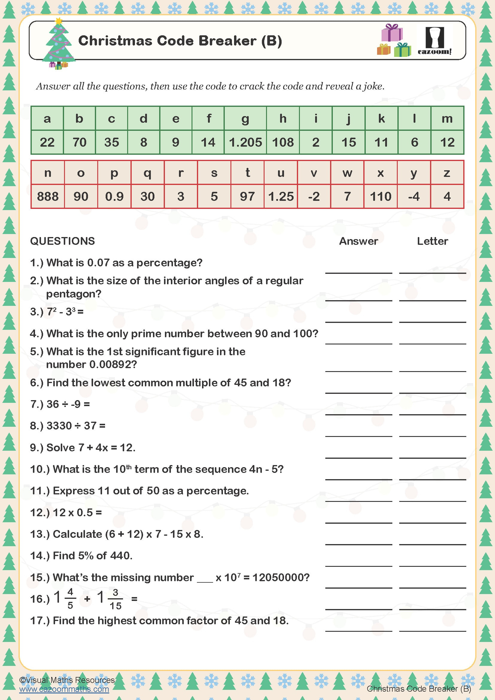 Christmas Code Breaker (B) Worksheet | Cazoom Maths Worksheets with Christmas Code Breaker Worksheets
