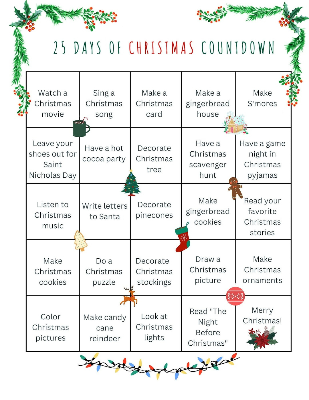 Christmas Countdown Calendar, Advent Calendar, 25 Days Of with regard to 25 Days Of Christmas Calendar Printable