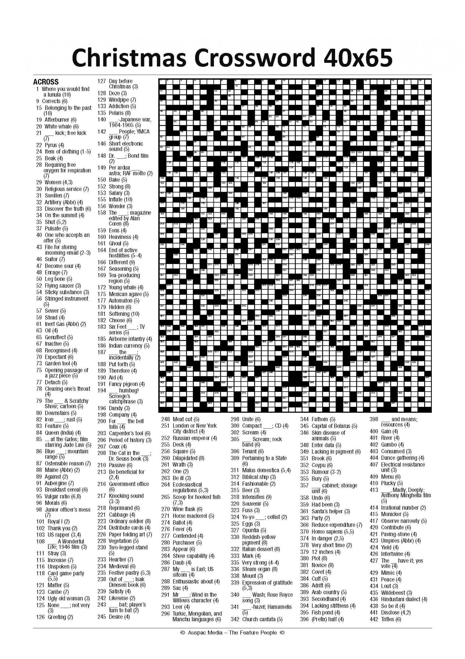 Christmas Crossword 40 X 65 - Large (Kf) throughout Christmas Crossword Printable Hard