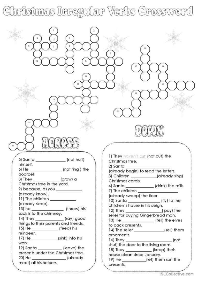 Christmas Crossword - Irregular Verb…: English Esl Worksheets Pdf inside Christmas Verbs Worksheets