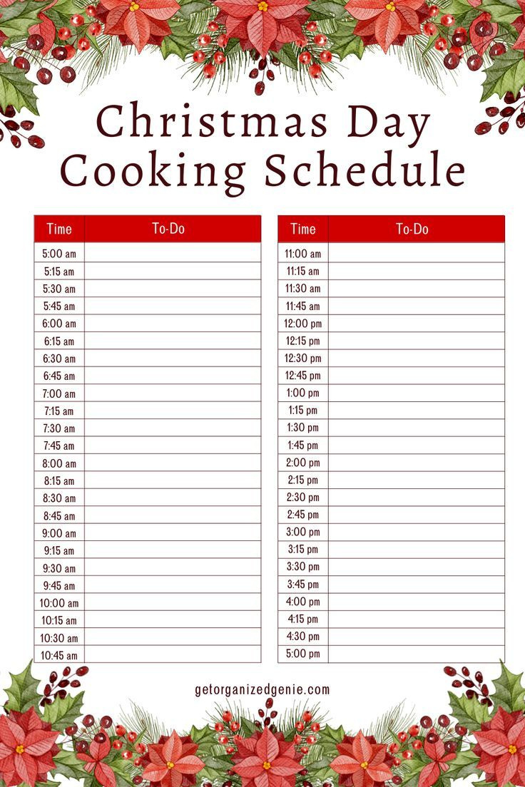 Christmas Day Cooking Schedule for Christmas Cooking Schedule Printable