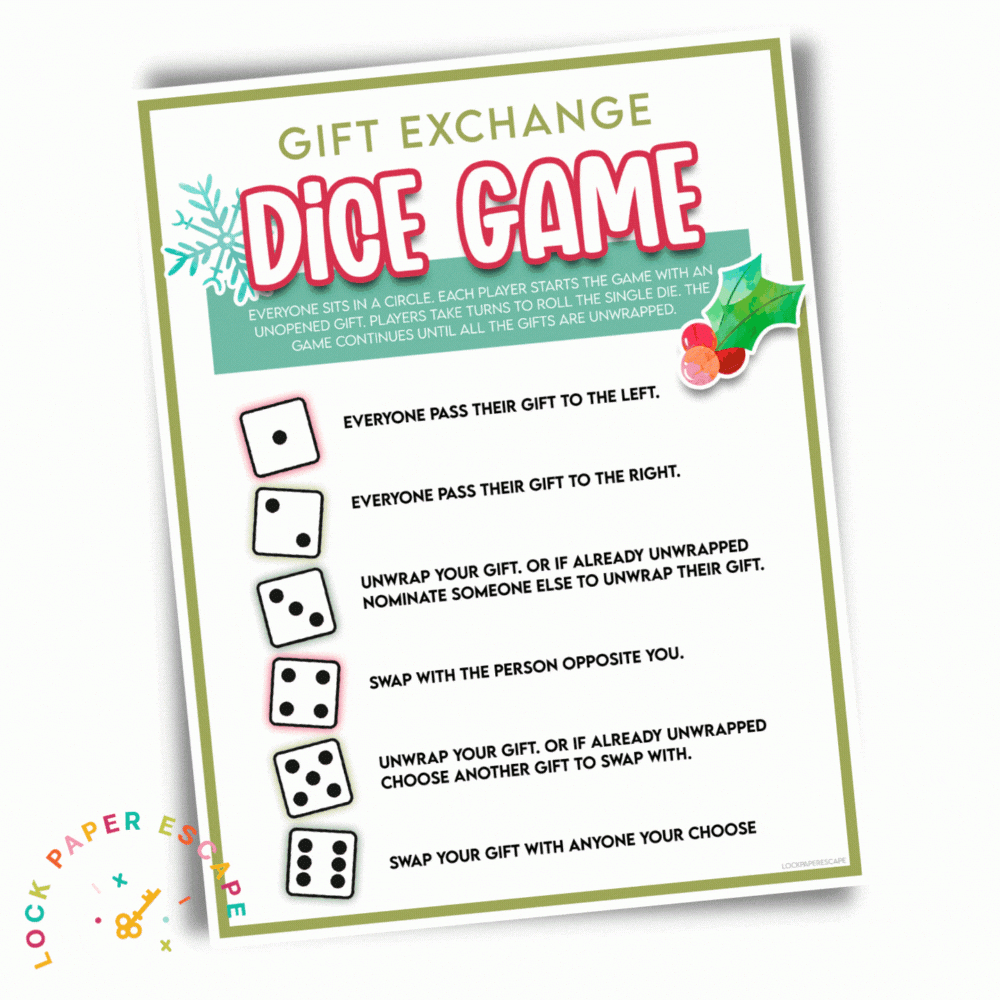 Christmas Dice Gift Exchange Game - Lock Paper Escape for Christmas Gift Exchange Dice Game Printable