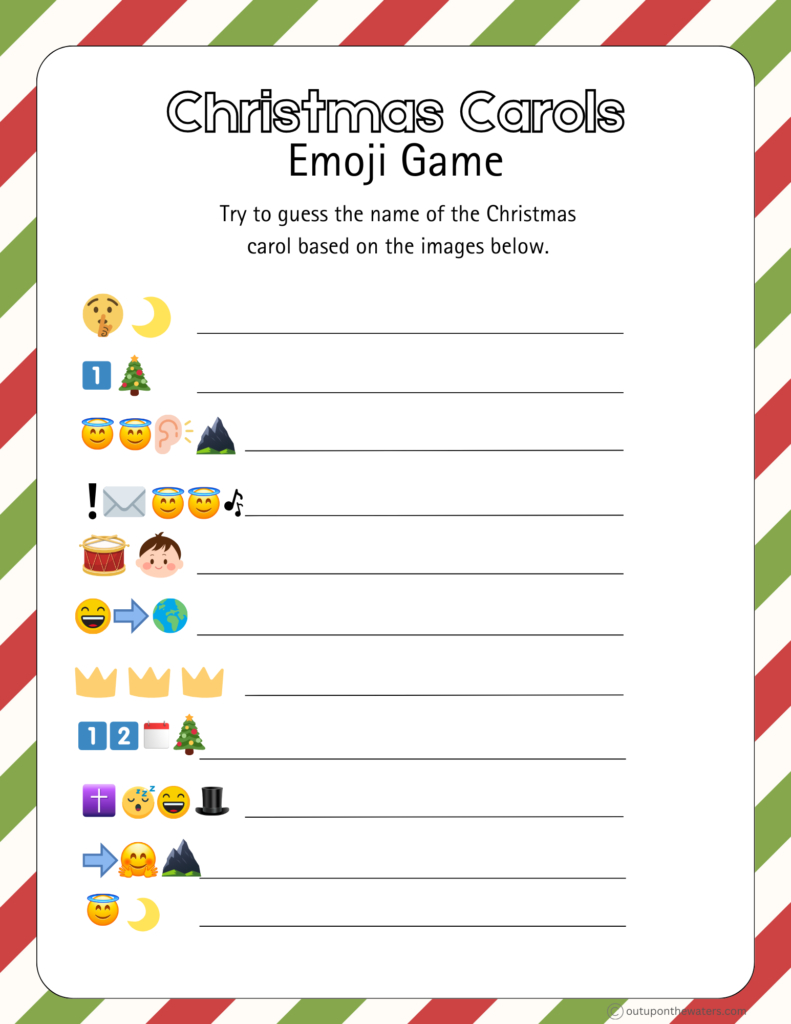 Christmas Emoji Game Printable: Christmas Carols - Out Upon The Waters throughout Printable Name That Christmas Song Game