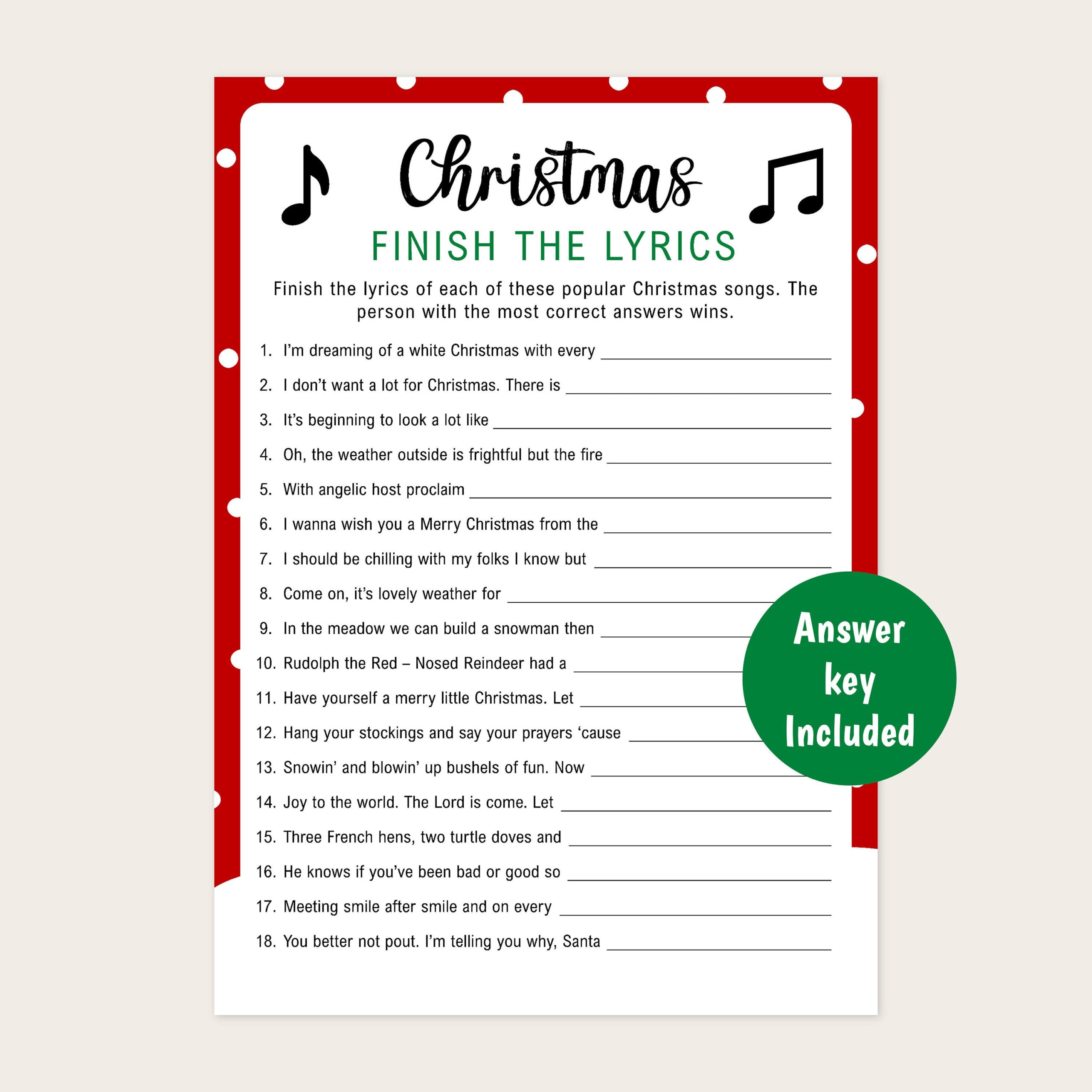 Christmas Finish The Lyrics Game | Printable Christmas Game with regard to Finish the Christmas Lyrics Quiz Questions and Answers Printable