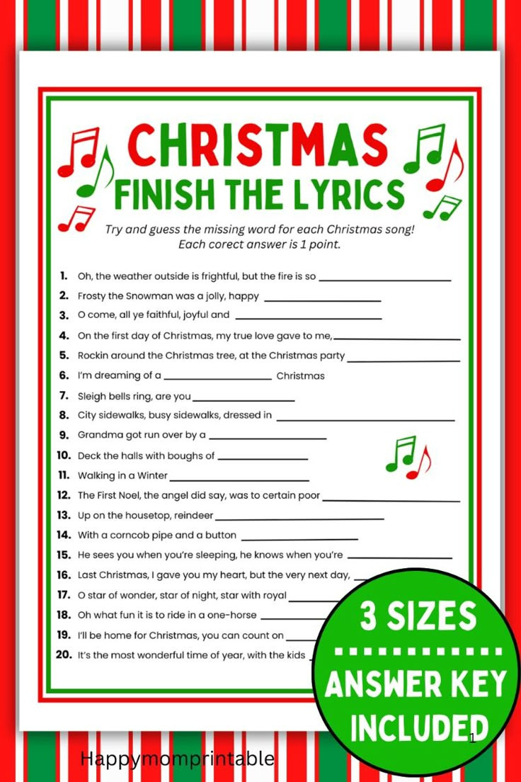 Christmas Finish The Lyrics Song Game Printable With Answers intended for Finish The Christmas Song Game With Answers Printable